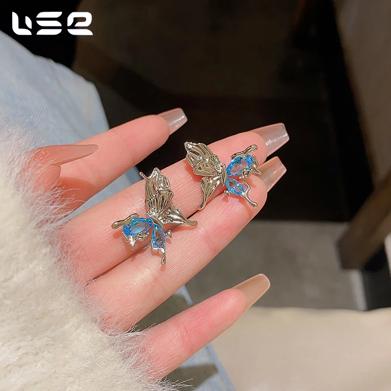 High quality fashion exquisite advanced design sense copper blue zircon butterfly earrings for women