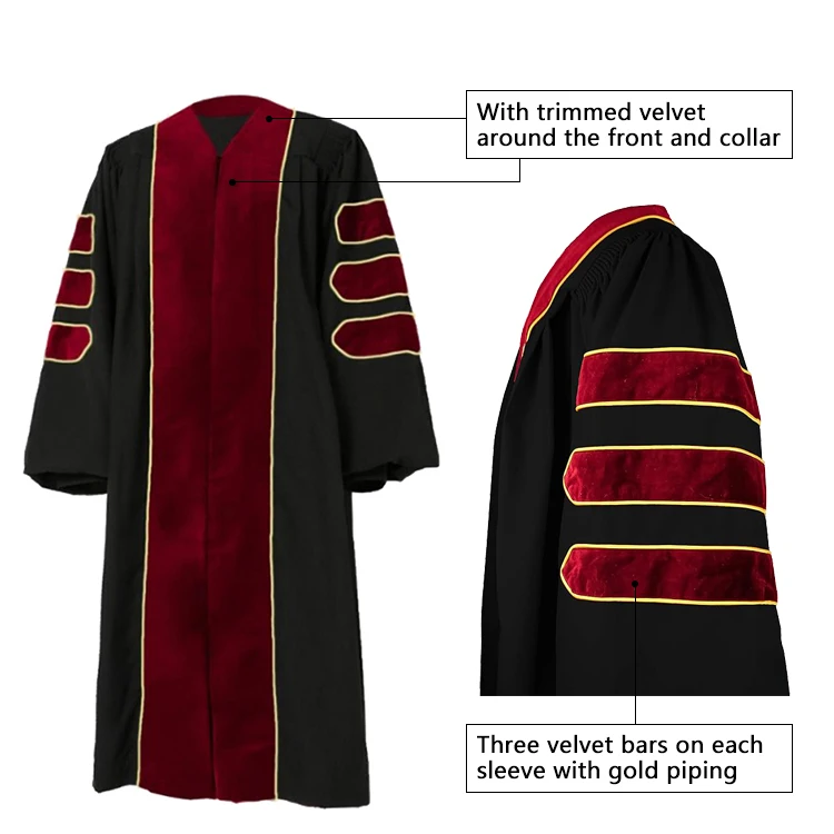 US doctoral regalia with traditional bell sleeves Matte black doctoral robe with bell-shaped sleeves