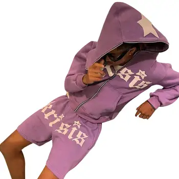 Wholesale Cotton Double Layer Puff Printing Hoodie And Shorts Sets Unisex Hoodie Joggers Set