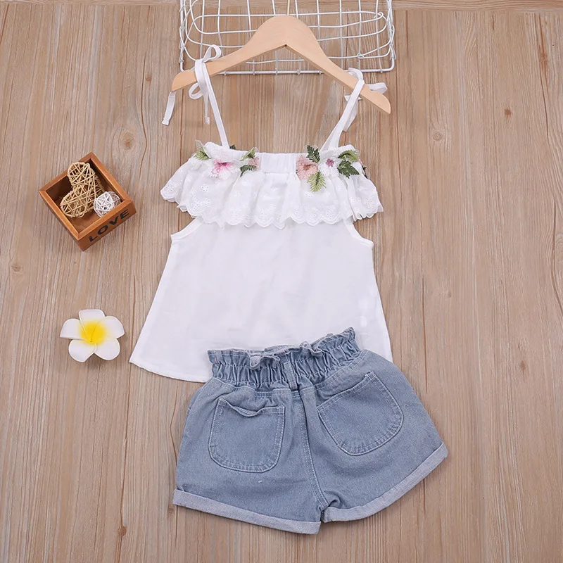 GUMEMO 4th of July Outfit Toddler Kids Baby Girl Sleeveless Tassel T-Shirt Tank Tops Ripped Denim Shorts Set Summer Clothes 