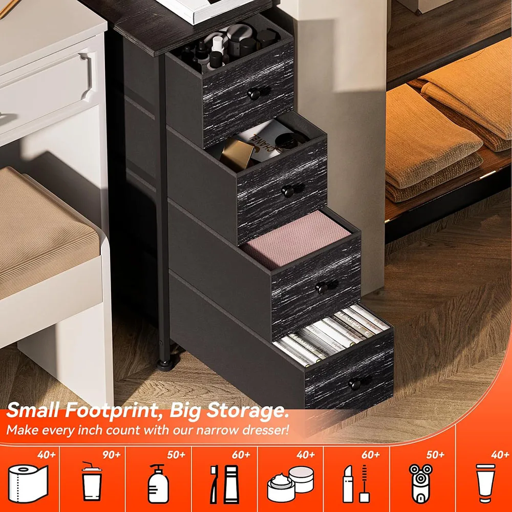 product modern 4 drawer dresser storage tower with steel frame and wood top slim narrow bedroom dresser with removable fabric drawers-6