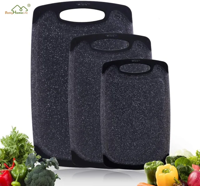 Easy Grip Handle Luxury BPA Free 3PCS Black Marble Granite Color Plastic Cutting Board for Kitchen Fruit Vegetable