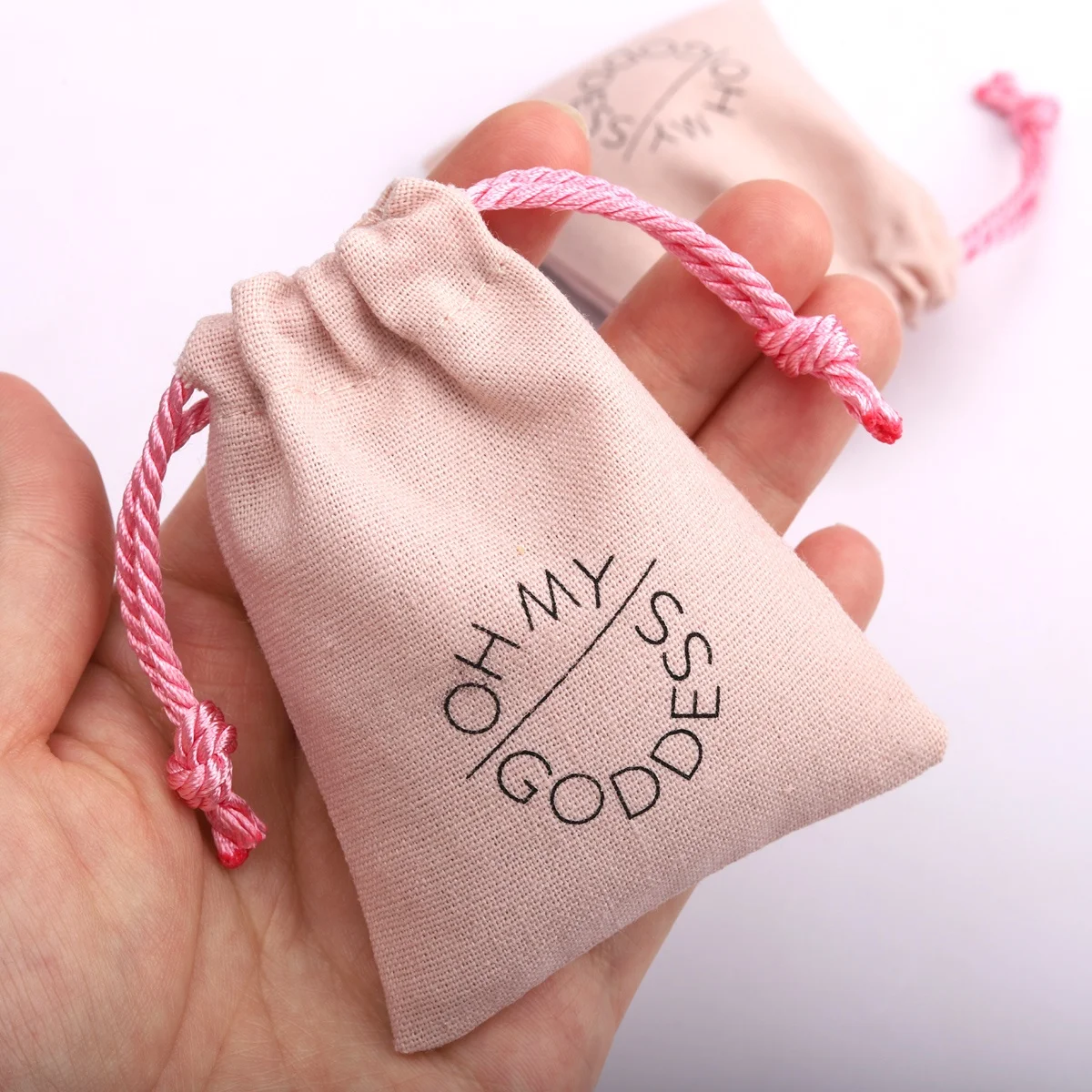 Custom Logo Printed Small Pink Cotton Linen Drawstring Jewelry Perfume Pouch Reusable Muslin Nail Polish Storage Cotton Pouch