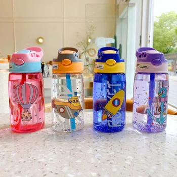 2022 plastic kids water bottle with straw cute printing child drink water bottle