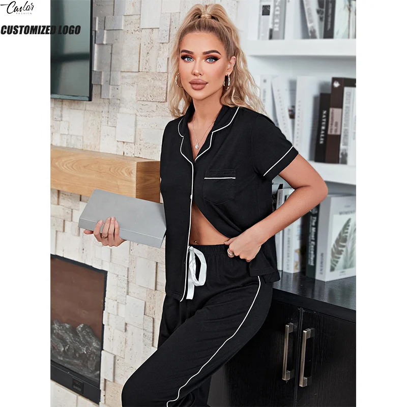 L105 2023 Wholesale Black Button Short Sleeve Tops Solid Pajamas Pants Set Women's Sleepwear Homewear Pajamas For Women Set