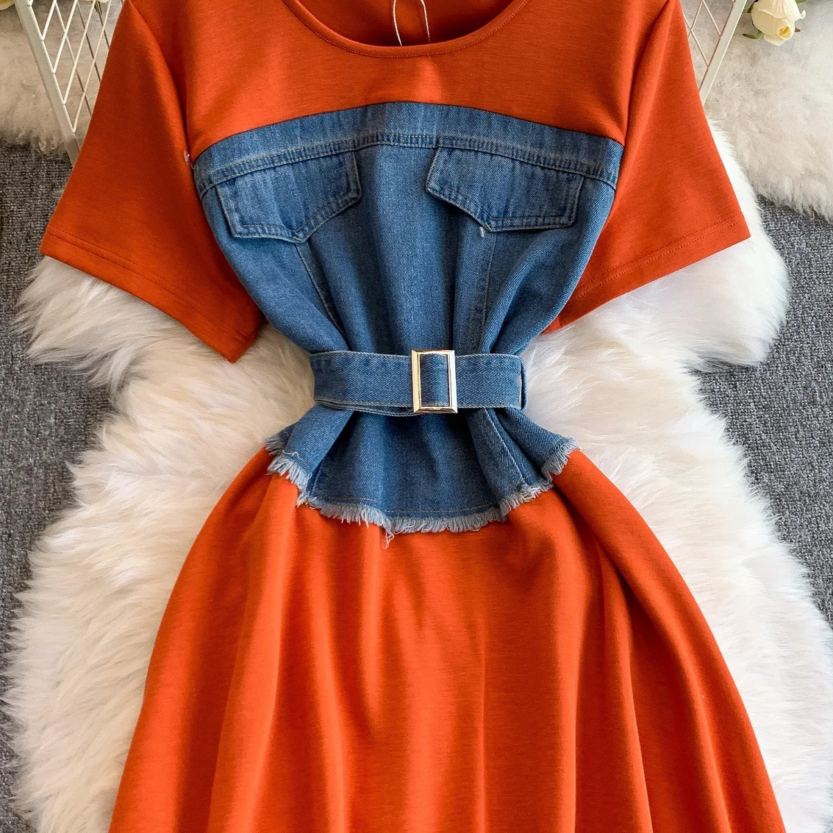 Denim Patchwork Knitted Short Sleeve Summer Anti-static High Waist Slimming Mid-length Skirt Dress for Women manufacture