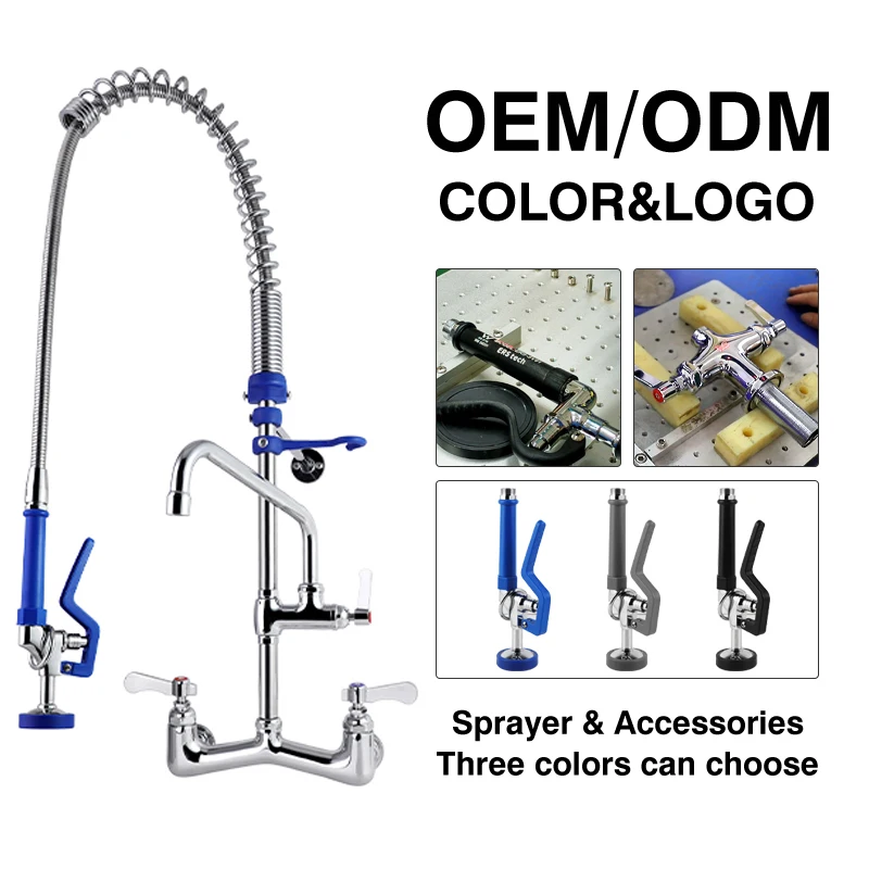 Commercial Restaurant Kitchen Faucet Wall Mounted Short Type Pre-Rinse Sprayer with Dual Handle Dual Tap 2-Hole Installation details