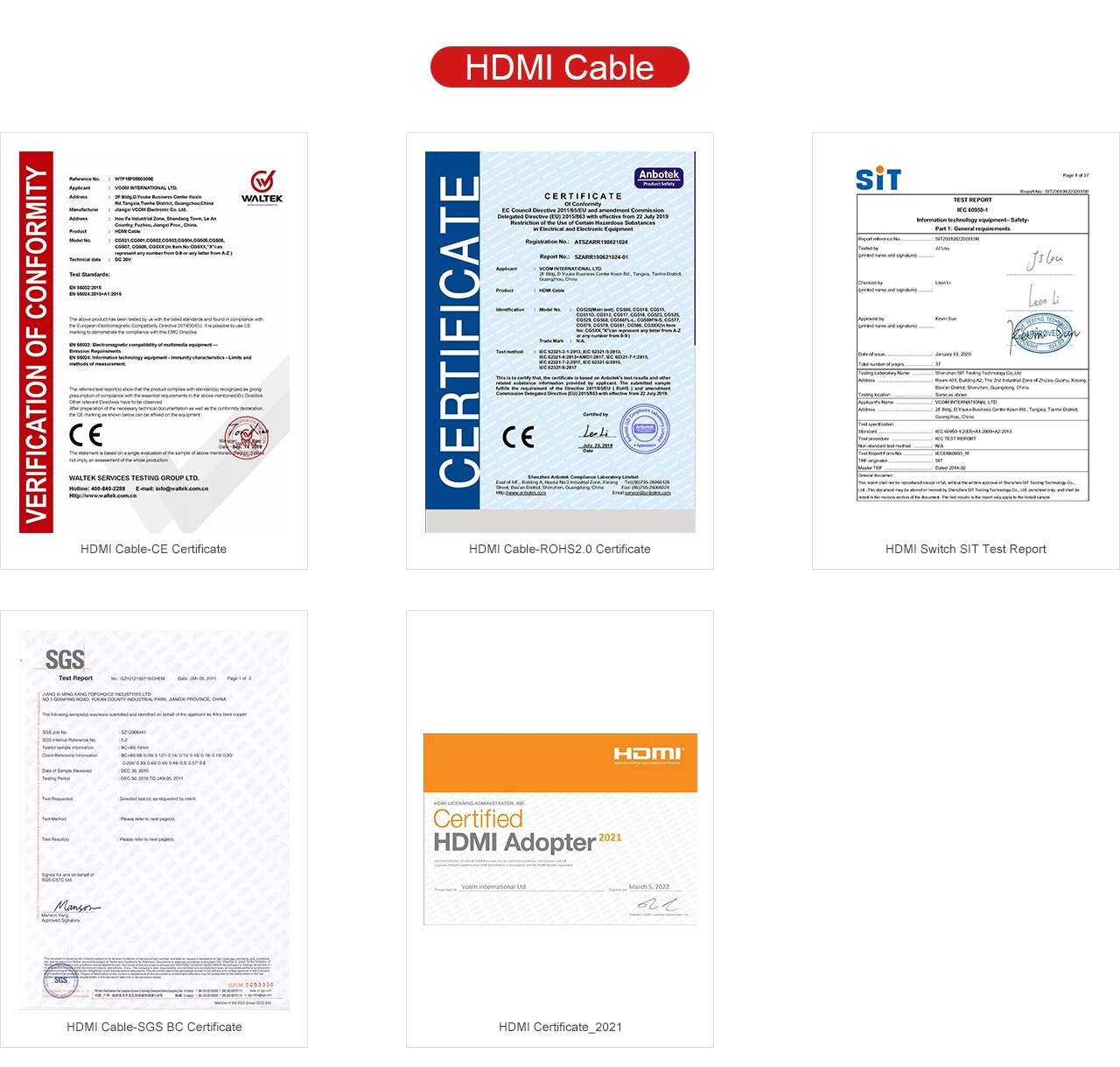 VCOM HDMI Certifications