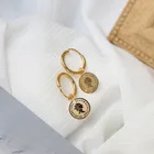 Flower Hoop French Style 18K Stainless Steel Rose Flower Square Portrait Elizabeth Gold Coin Hoop Earrings