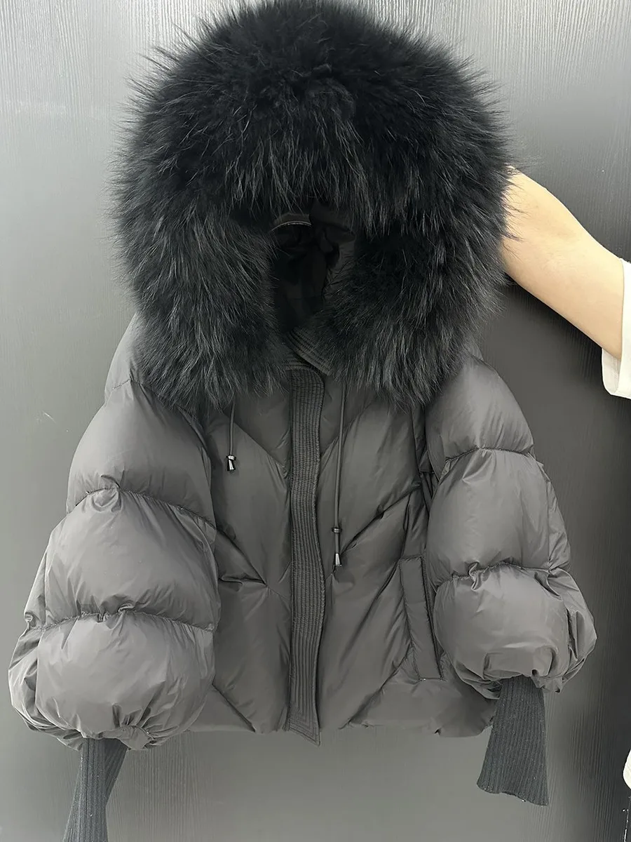European Style Winter New White Duck Filled Large Fur Trim Hooded Jacket Women's Mid-length Thickened Warm Knitted Coat supplier