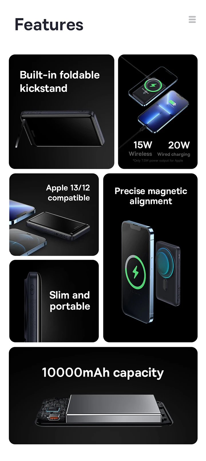 Power Bank Baseus 10.000 mAh 20W + Câble Type-C-to Type-C 60W en 2 Couleurs Noir et Blanc-5