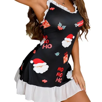 Hot Selling Fashion Sexy Cool Sling Sleeveless Nighties Summer Suspender Ruffles Dress Christmas Pajamas For Women