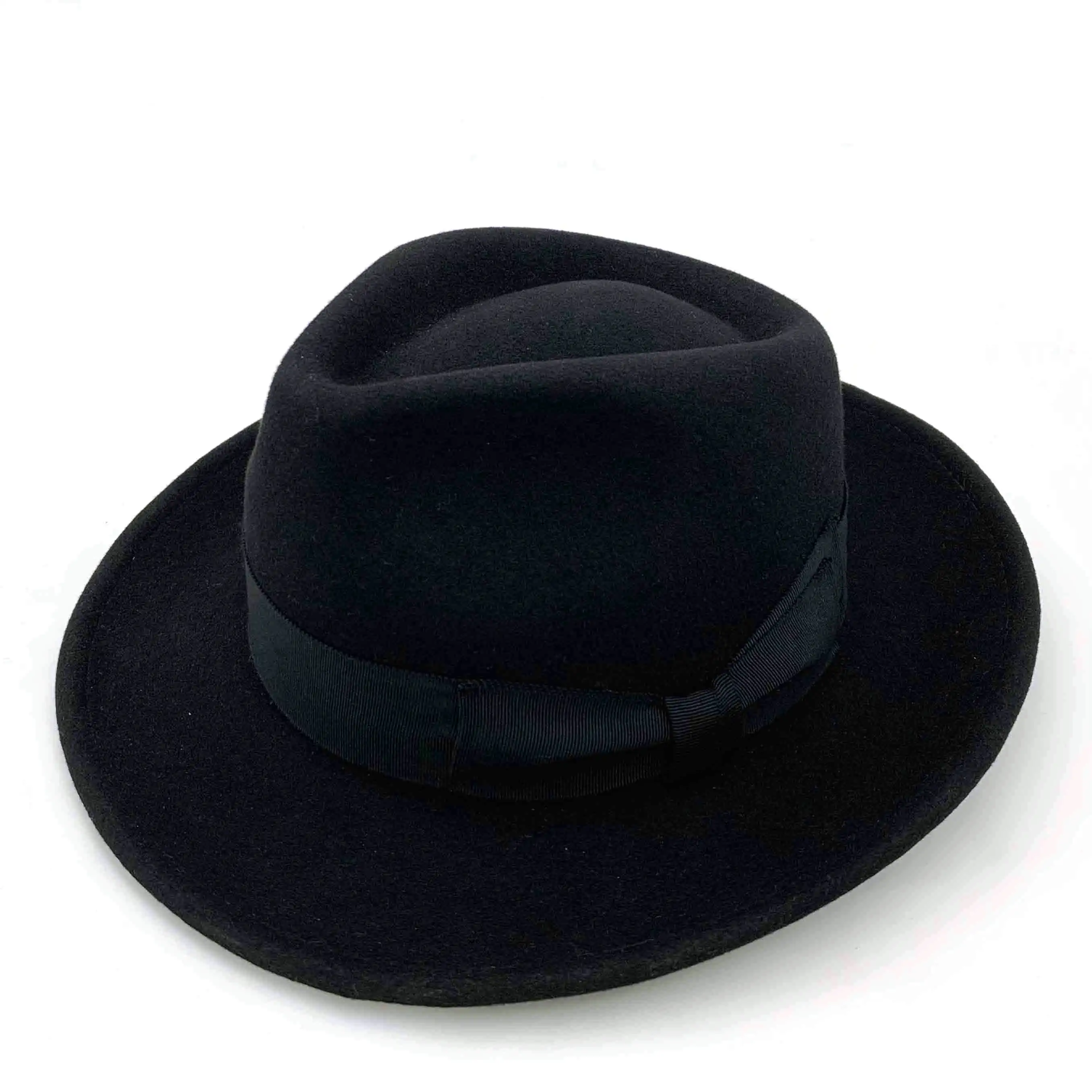 Black Hand Made 100% Wool Felt Porkpie Trilby Hat With Black Band 