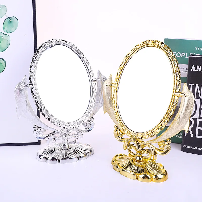 Gold silver European desktop double-sided mirror creative dolphin desktop makeup mirror double-sided rotating beauty mirror