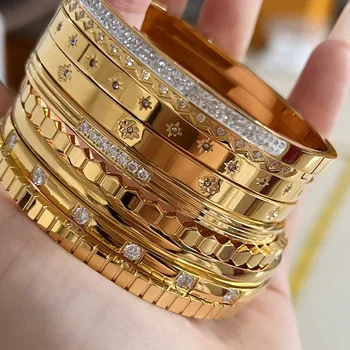 Factory Wholesales Customize Waterproof Cubic Zirconia Bangles Stainless Steel Bracelets 18K Gold Plated Jewelry For Women