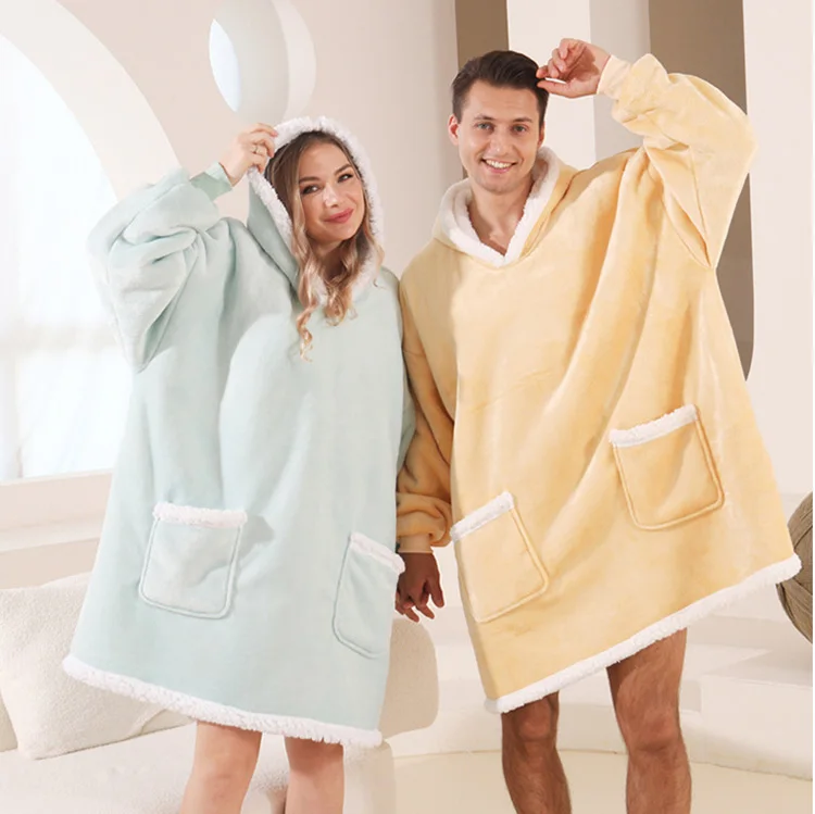 Wholesale Couple Big Pocket Winter Thicken Dress Fleece Soft Hooded Sleepwear Home Lounge Wear Clothes Pajamas Blanket Women
