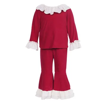 Wholesale autumn long sleeve Kid Boutique ruffles red color baby clothing sets