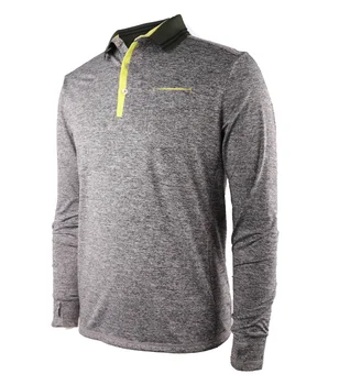 Men Athletics Sports Clothing Melange Grey Turtleneck Long Sleeve Polo with Contrast Placket