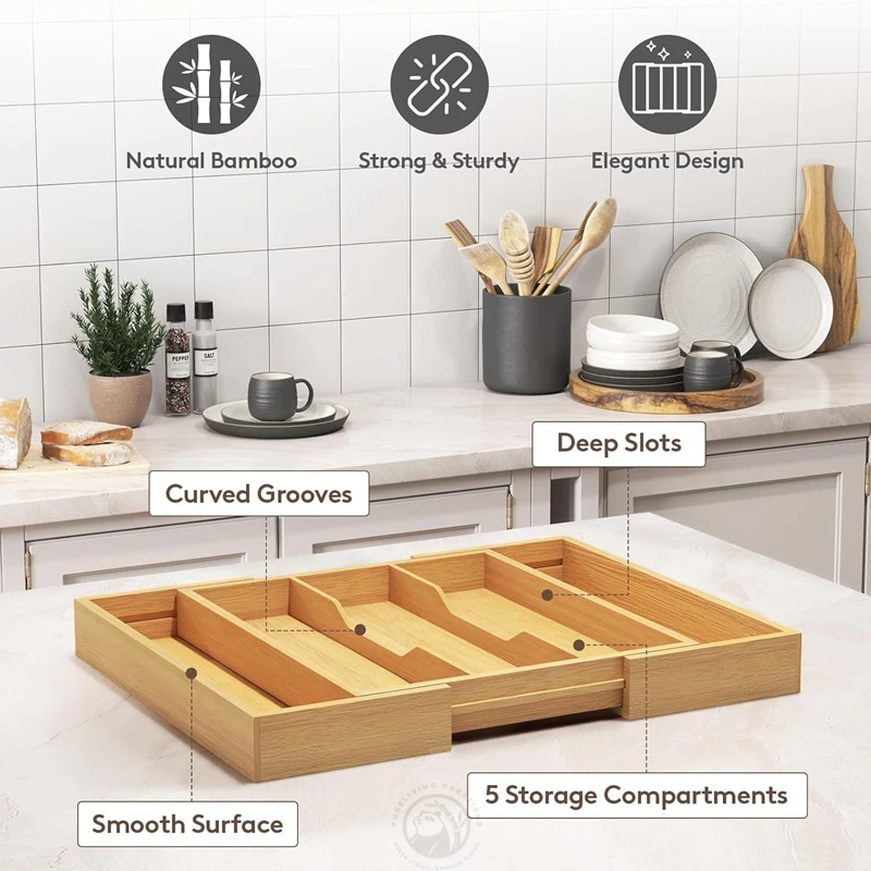 Natural Bamboo Kitchen Drawer Organizer Cutlery Tray Flatware Silverware Tableware Organizer