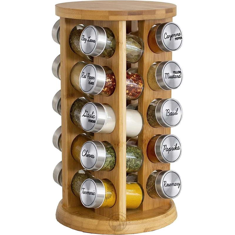 Premium Bamboo Rotating Spice Rack 20 Jars Revolving Spice Rack Tower Organizer for Kitchen