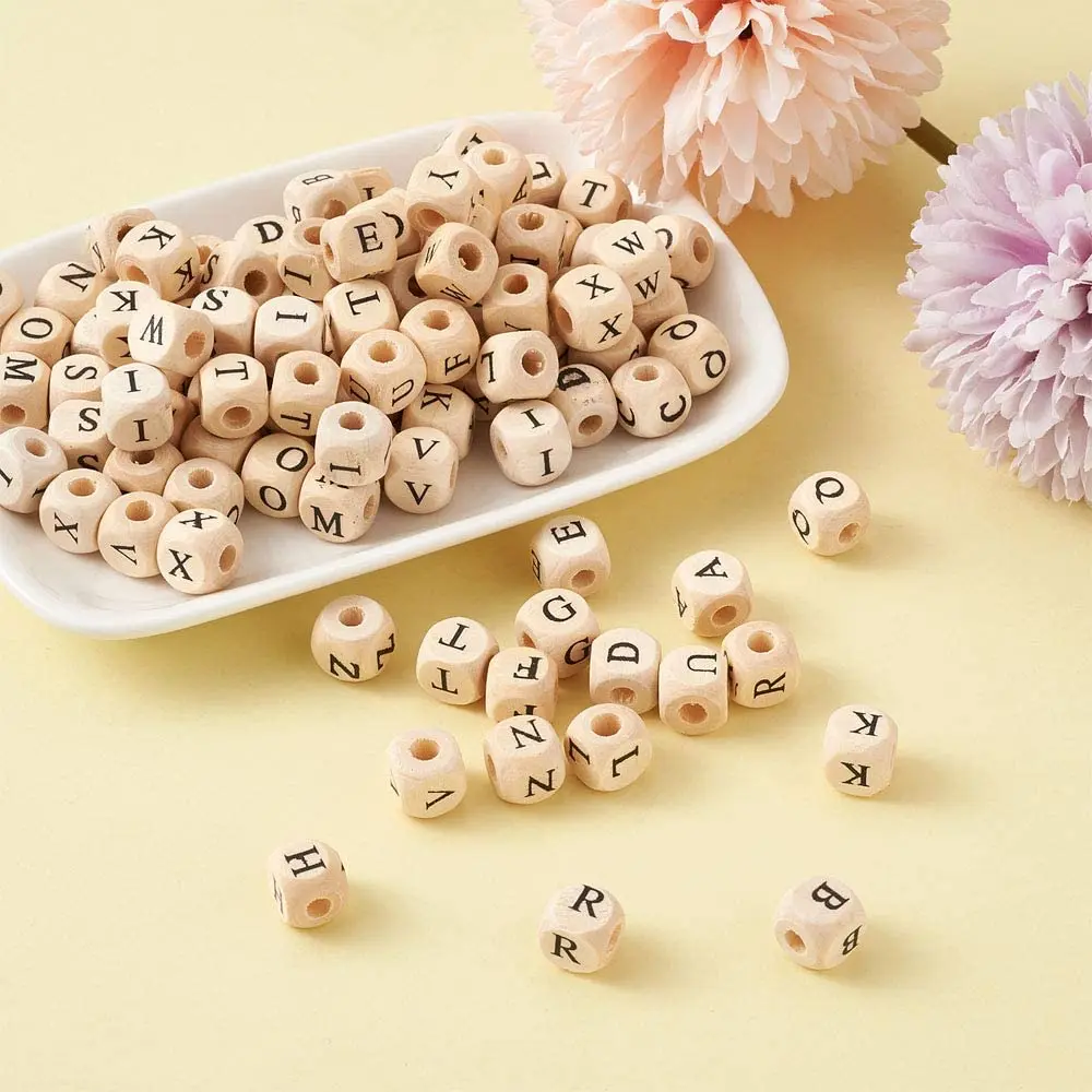 100pcs/bag Mixed Cube Wood Loose Beads DIY Jewelry Making Beads Set Square Alphabet Wooden Natural with Initial 26 Letters 10mm