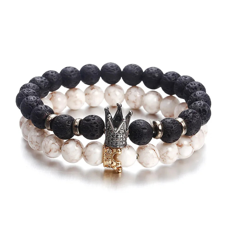 Couple Black White Stone Beads with Gold Silver Alloy Crown Bracelets for Lovers 