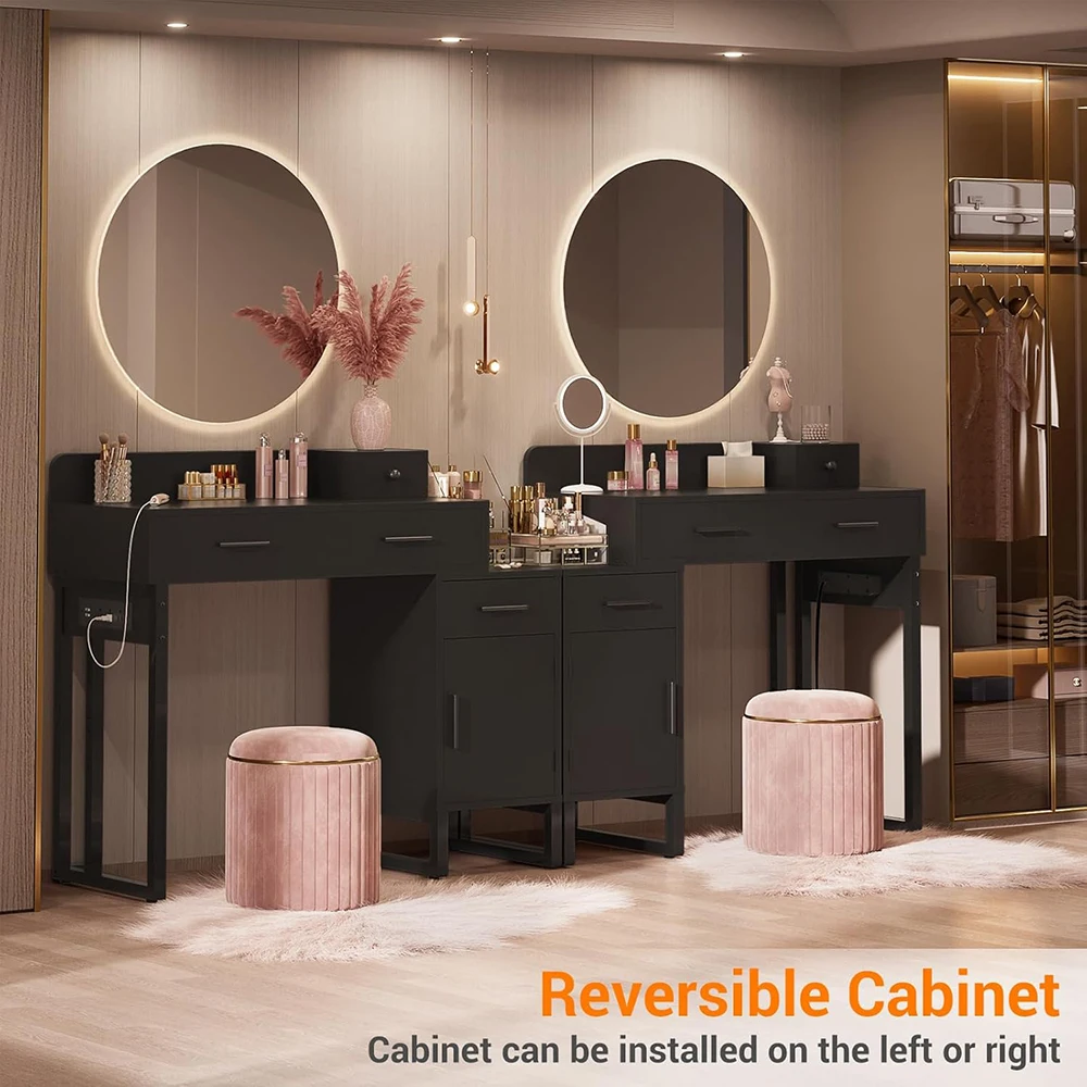 Modern Reversible Black Vanity Desk 4 Storage Drawers Charging Station Divided Organizers for Women Girls Makeup Vanity Table details