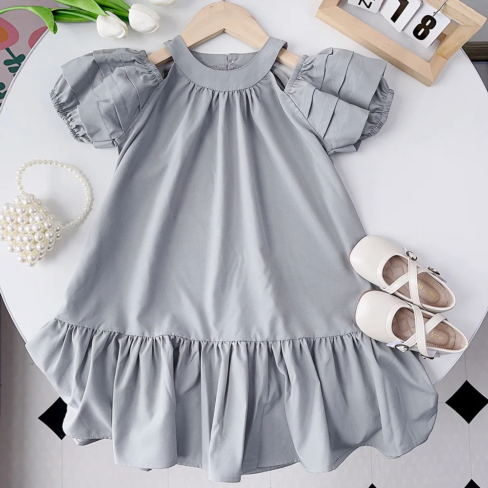 Summer Dress New Girls Edition Bubble Sleeve Hollow Solid Cotton Ruffle Dress Children's Casual Fashion Dress