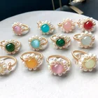 Gold Plated Rings Handmade 14K Gold Plated Pearl Healing Crystal Stone Wire Beaded Adjustable Open Rings