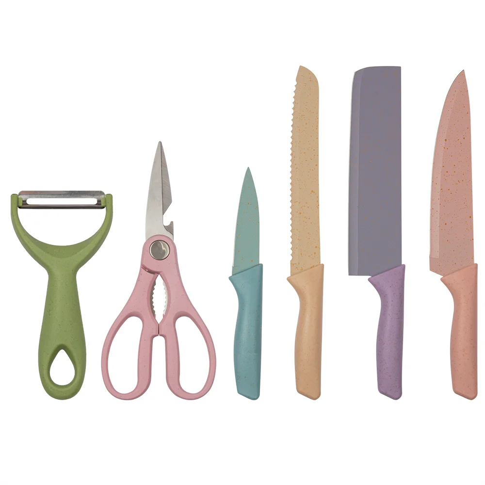 Factory Wholesale 6PCS Straw Coating Kitchen Knife Set Multicolor Peeler Bread Slicing Knife And Scissors