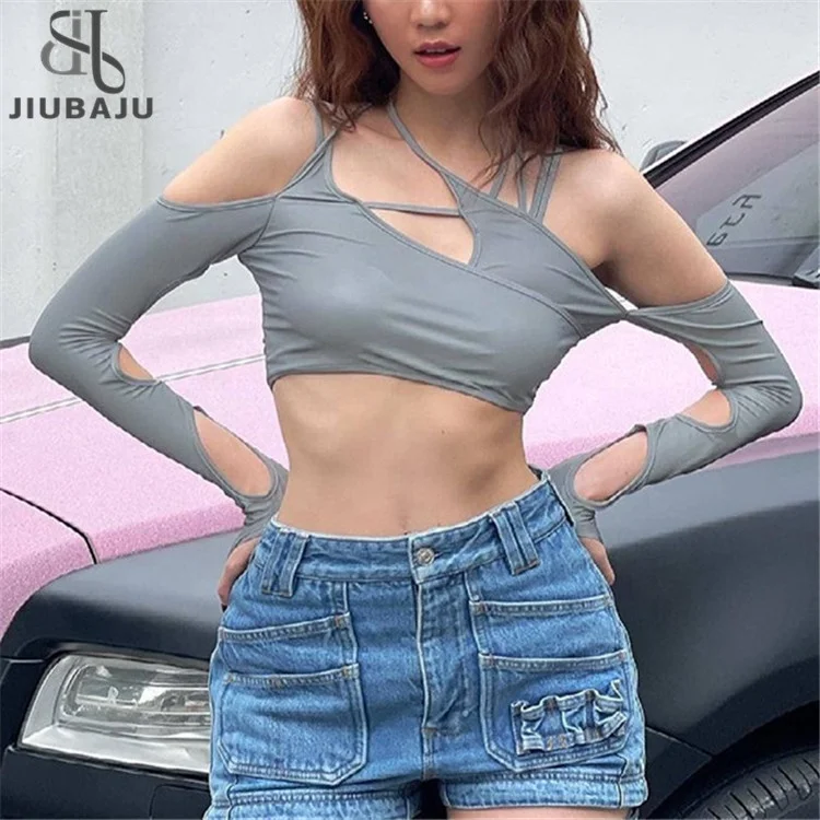 Punk Women Halter Tops Gothic Girl Soild Long Sleeve Crop Top Sexy Cut Out Casual T-shirts
