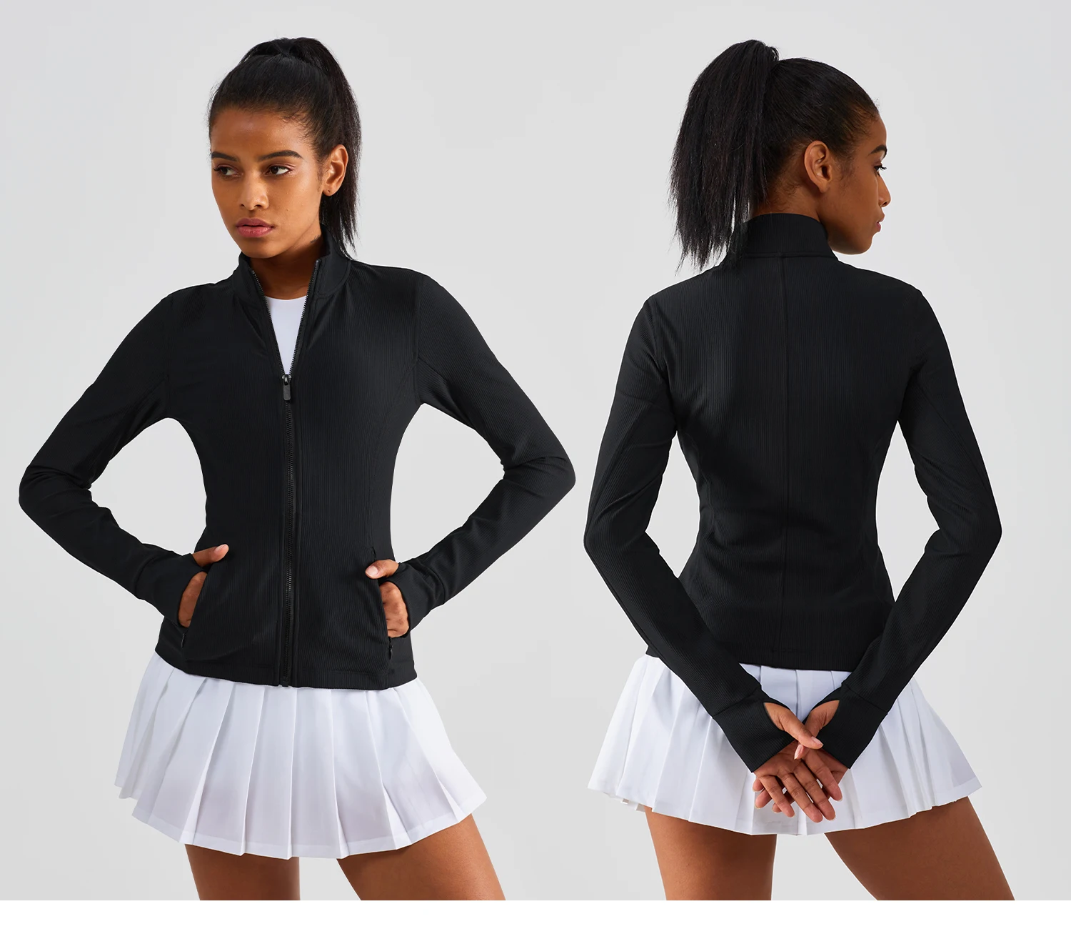 Ribbed Long Sleeve Zipper Tight Tops Workout Clothing Custom Pockets Fitness Yoga Jackets