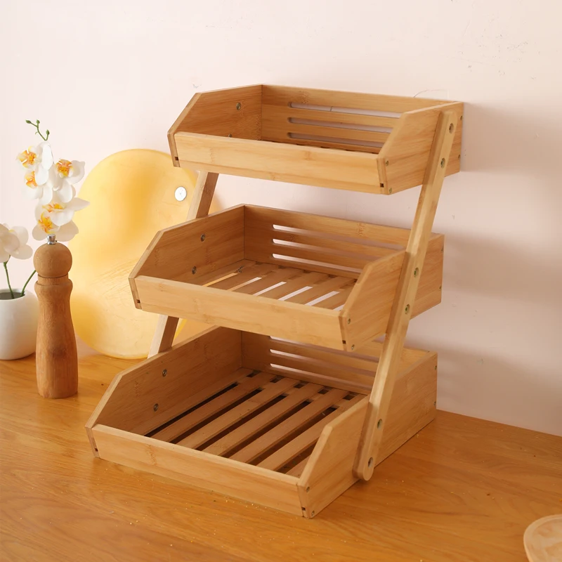 Custom Fancy Wood Storage Basket Fruit Bread Rack Snack and Spice Shelf for Kitchen Countertop Box Packed