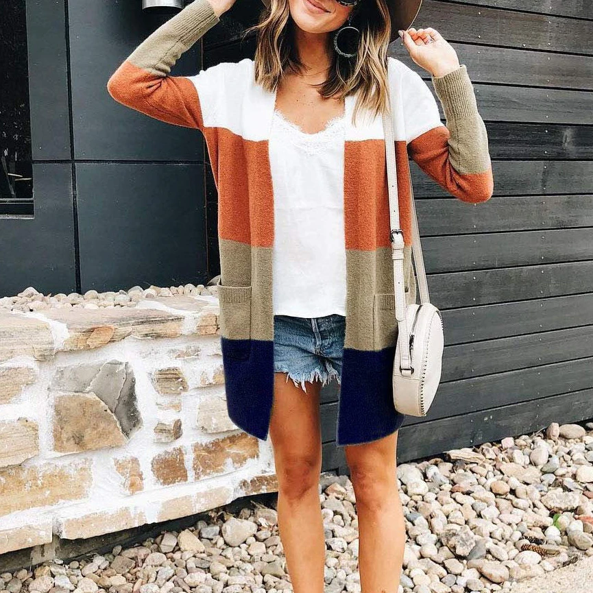 Womens Long Sleeve Casual Striped Cardigan Color Block Knit Open Front  Sweater Coat - Buy 2020 Womens Cardigan Sweater Color-block Spring Autumn  Outwear Fashion,Multi-color Rainbow Oversized Stripped For Yellow White  Grey Orange