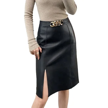 Wholesale Knee High Black Long Leather Skirt High Waist Women Real Lamb Leather Skirt with Split