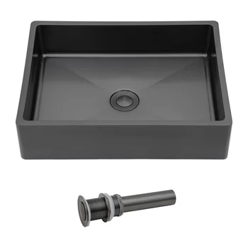 Bathroom Vanity Vessel Sink 16"X 12" Stainless Steel Vessel Sink with Pop Up Drain Metal Wire Drawing Modern Above Counter