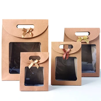 New Style Kraft Paper Bow-knot Die Cut Handle Chocolates Packaging Bags With Opening Window Candy Gift Paper Bag