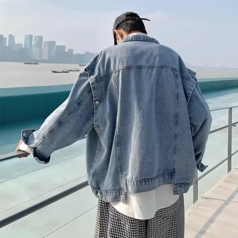 Custom Fashionable Loose Jeans Jacket Streetwear Casual Detachable Sleeves 2 in 1 Vest Denim Jacket for Men manufacture