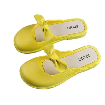 Children's summer new style Baotou fashionable outerwear solid color bow half drag flat slippers