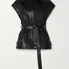 Jacket New Arrival Fashionable Fall Jacket Zipper Lamb Leather Vest With Belt And Pockets Puff Sleeve Leather Vest