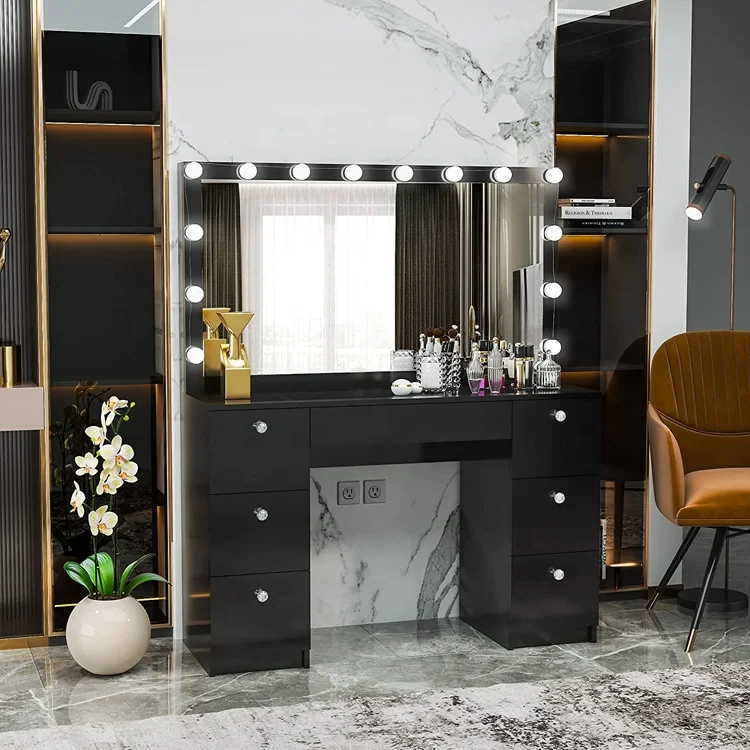 Wholesale modern lighted simple design mirrored dressing table with glass top