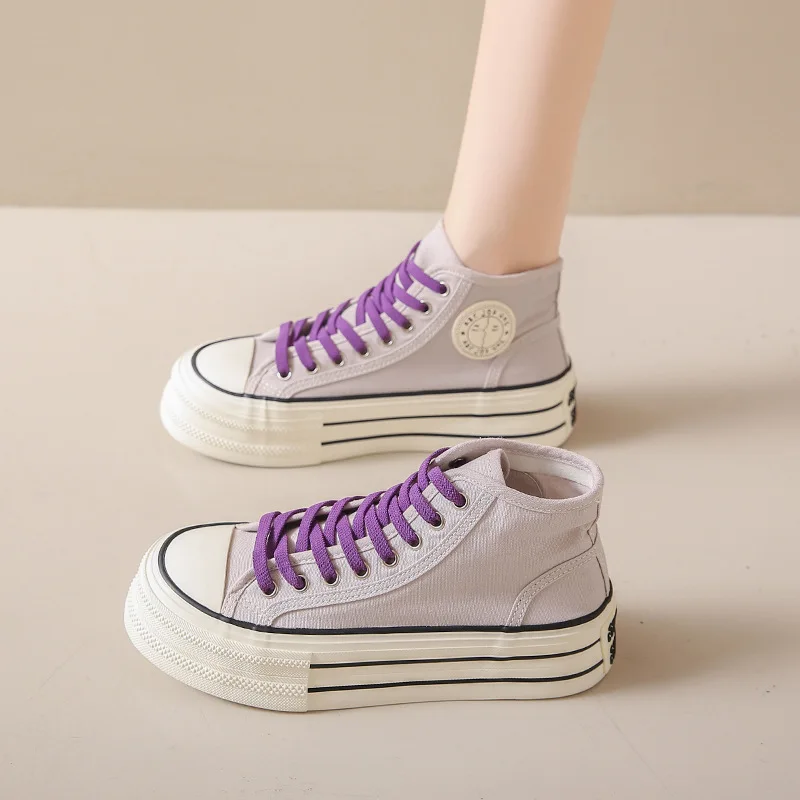 Wholesale custom breathable lady shoes thick bottom vulcanized sneakers high top laced canvas shoes