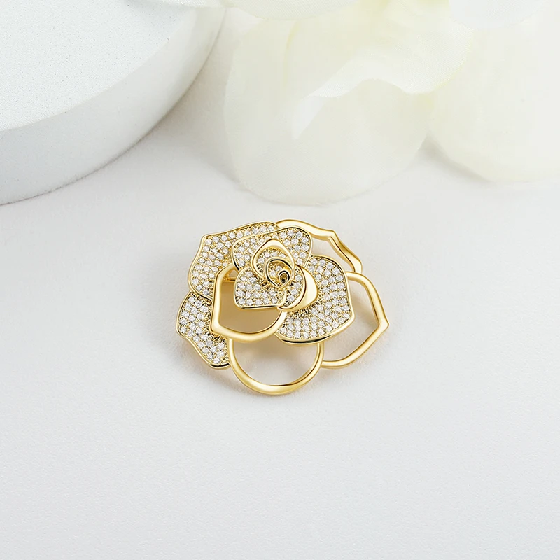 Micro Pave Rhinestone Crystal Flower Rose Pin Brooch For Women