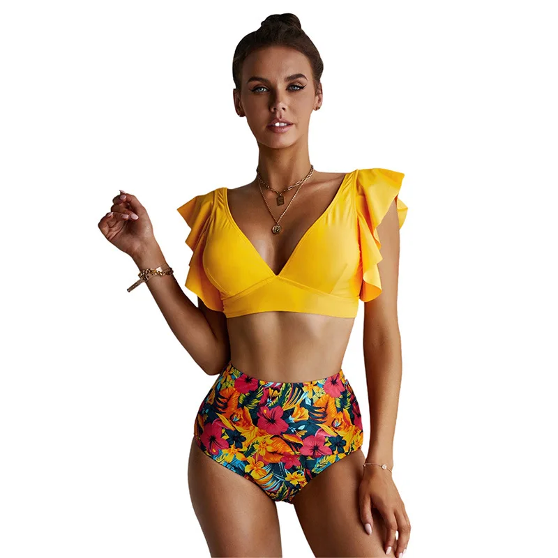 2022  Summer Ruffle V-Neck Split Swimsuit Female Triangle Print Swimsuit Bikini