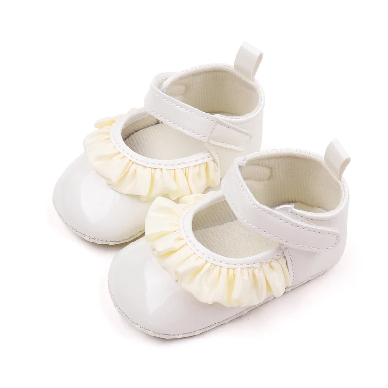 Fashion Lace Princess Shoes Solid Color Baby Girls PU Leather Bright Face Soft Soled Shoes manufacture