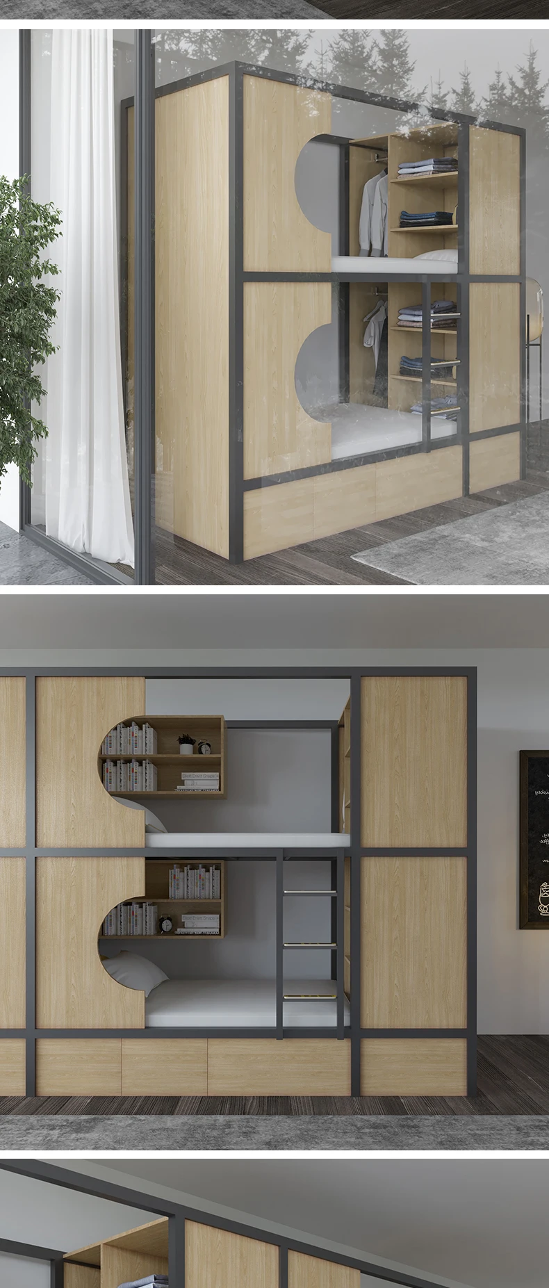 product free 3d design service metal and wooden loft capsule saving space double decker metal bunk dormitory bed with storage cabinets-9