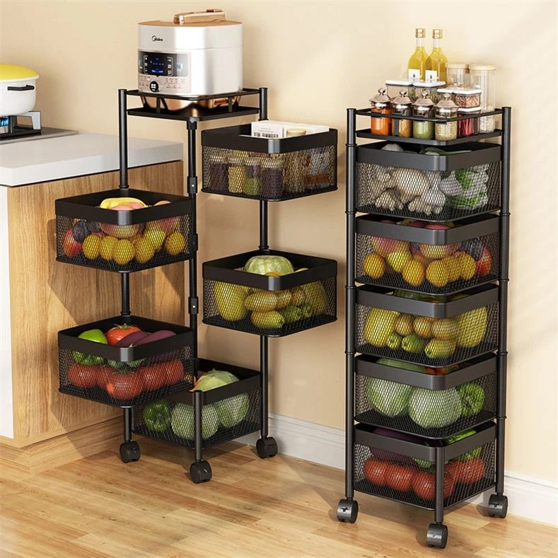 High quality square movable modern revolving vegetable basket cart kitchen multifunctional multi layer storage rack