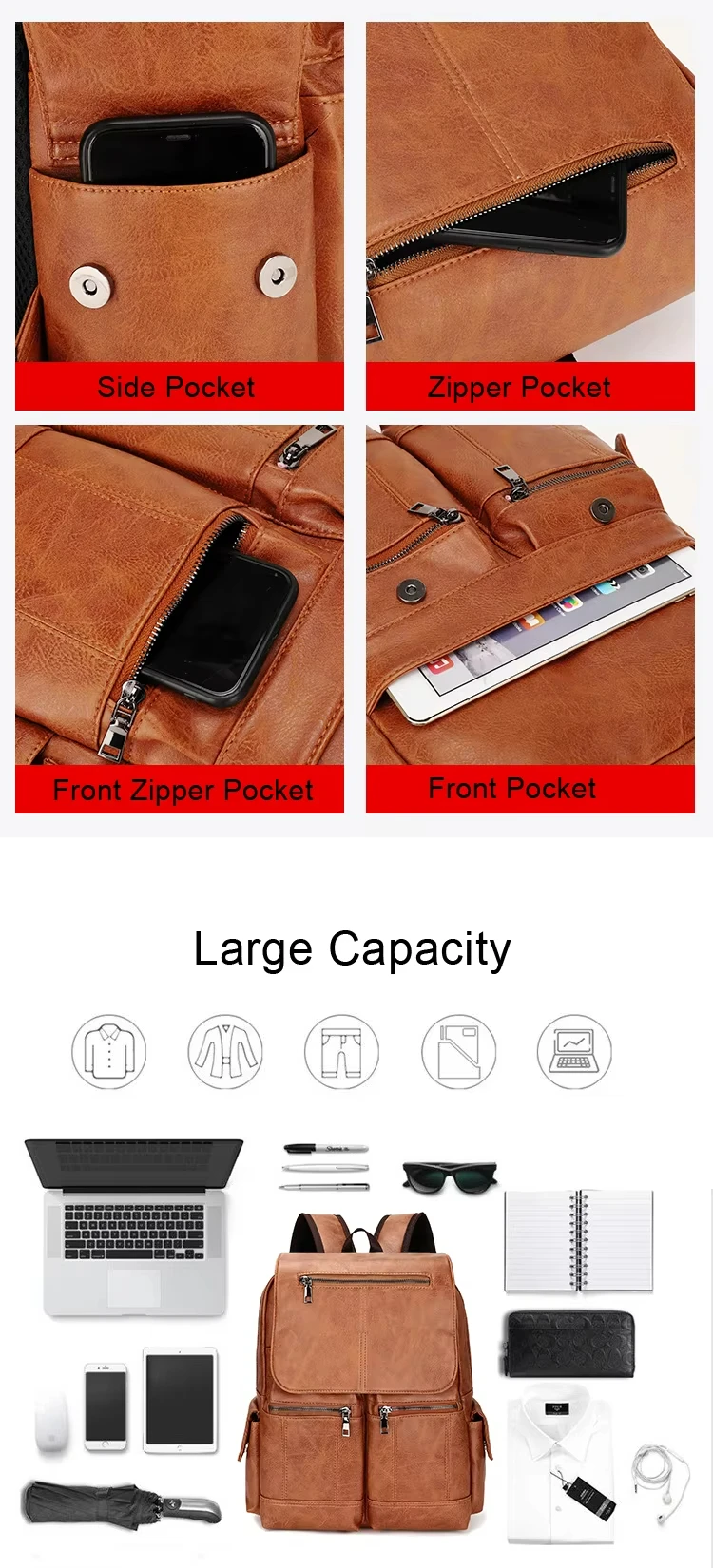 Multi Pockets Waterproof PU Leather Backpack Vintage Campus Bag S-shape Back Design Softback