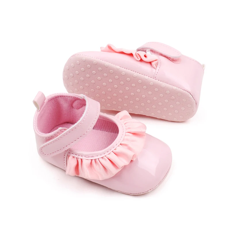 Fashion Lace Princess Shoes Solid Color Baby Girls PU Leather Bright Face Soft Soled Shoes manufacture