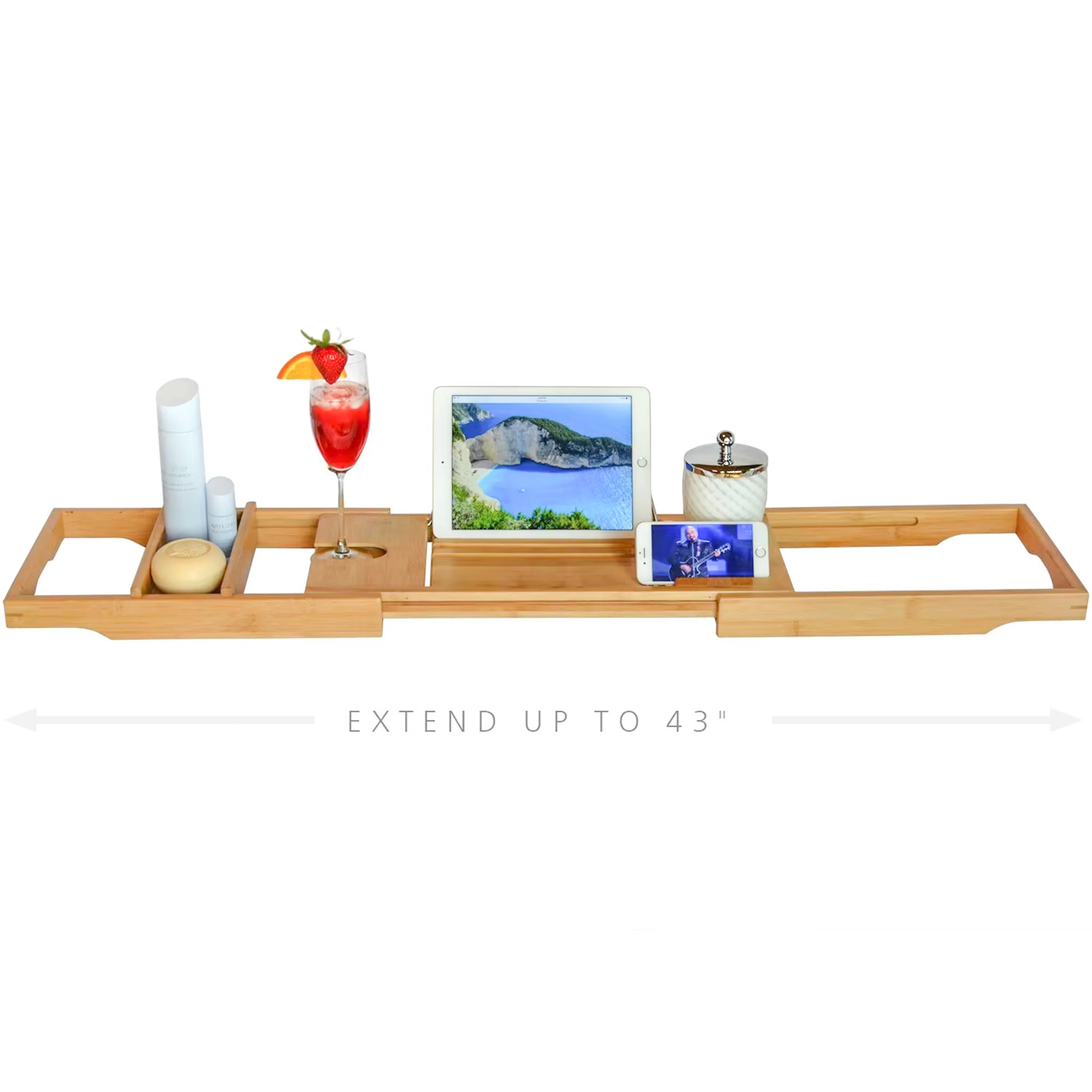 product luxury spa bathroom organizer bamboo bathtub caddy tray extendable bath tub tray with wine glass device holder-4